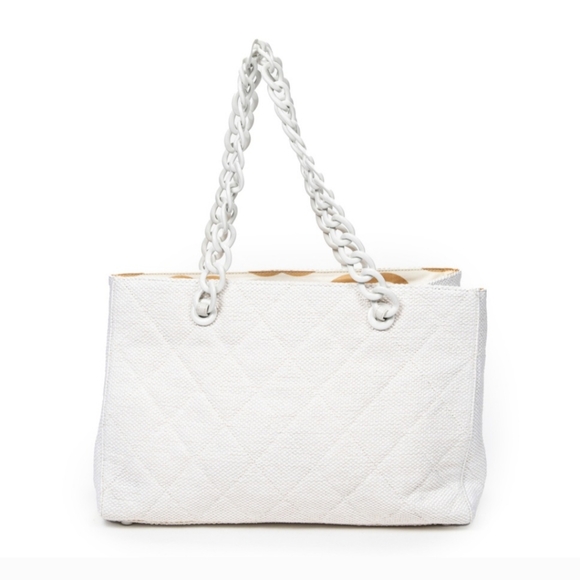Chanel White Woven Canvas Bekko Chain Large Tote Bag In White - Picture 7 of 17